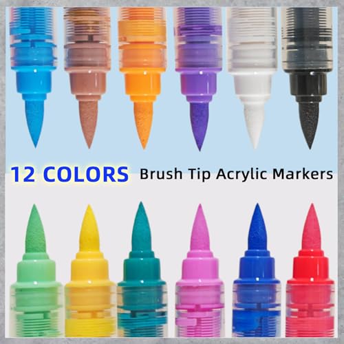 Image of 12 Colors Acrylic Paint Pens, Soft Brush Tip Acrylic Markers, Quick Dry Waterproof Acrylic Paint Markers for Canvas, Wood, Metal, Ceramic, Stone