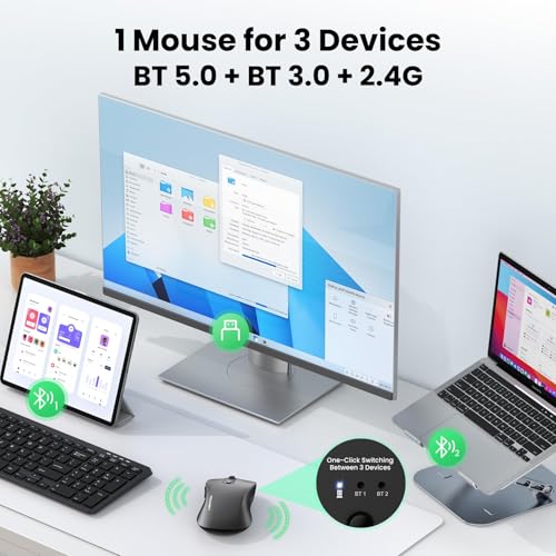 Image of TECKNET Rechargeable Bluetooth Mouse, [ USB + BT5.0 + BT3.0 ] Wireless Mouse, Ergonomic Design, Silent Click, 6-Level 4800 DPI Wireless Mice, 3-Device Switching for Laptop, Computer, MacBook（Grey）