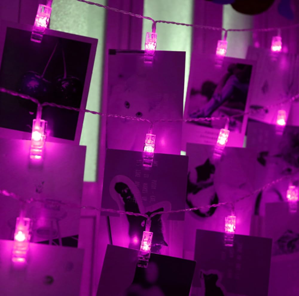 Guirlande lumineuse d'intérieur avec pinces pour photo, 10 m, 80 LED, fonctionne avec des piles pour la maison/fête/décoration de Noël (rose)