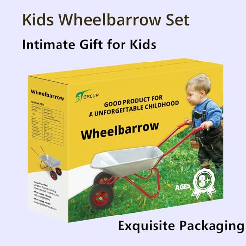 Image of Kids Metal Wheelbarrow Set Toddler Gardening Tool Wheel Barrow Wheel Barrel | Children Wheelbarrow Gifts for Kids Outdoor Play Toys All Seasons Digging Weed,Sand,Sweeping Leaves,Snow (Silver)