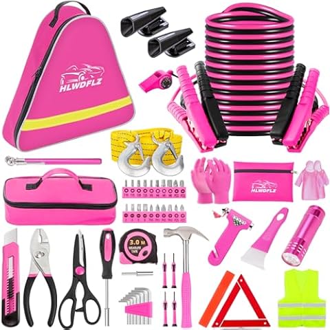 HLWDFLZ Car Roadside Emergency Kit - Pink Roadside Assistance Emergency Kit with Jumper Cables, Auto Tool Set, Deer Whistles, Winter Car Safety Roadside Assist Kit for Teen Girl and Ladies Cover