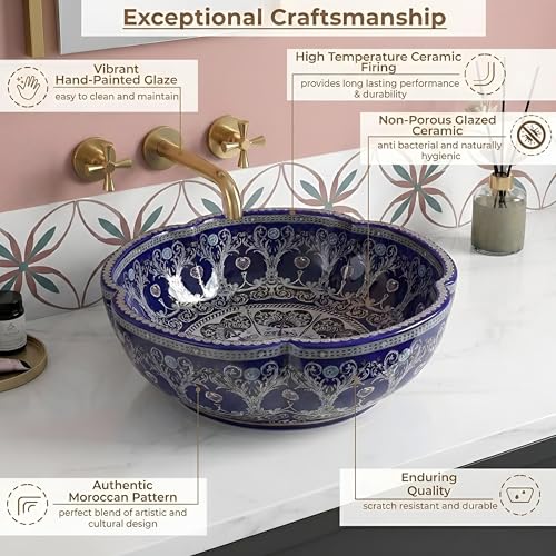 Image of BASSINO Designer Moroccan Ceramic Table Top Wash Basin /Glossy Blue Floral Art Bowl Sink for Bathroom /Handcrafted Countertop Washbasin for Office /Hotel(16.5 x 16.5 x 5 Inches)