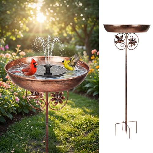EdenseeLake Metal Bird Bath for Outside with Solar Powered Fountains Upgraded 5-Prong Base Stake Birdbaths Feeder with Detachable Bowl for Outdoors Lawn Patio Yard Garden Decor 30.5 Inch