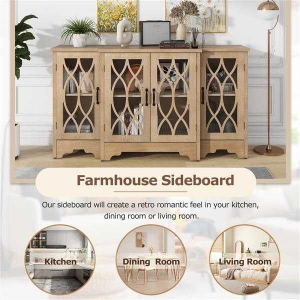 Familienfreundliche Retro Kommode Glastür mit geschwungenem Liniendesign, geräumiger Aufbewahrungsschrank mit schwarzem Griff und drei verstellbaren Regalen für Esszimmer und Küche (Naturholz)