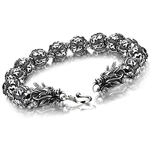 925 Sterling Silver Carved Mantra Bead Dragon Chain Lucky Wealthy Amulet Bracelet for Mens (Silver Black Two-Tone Polished)