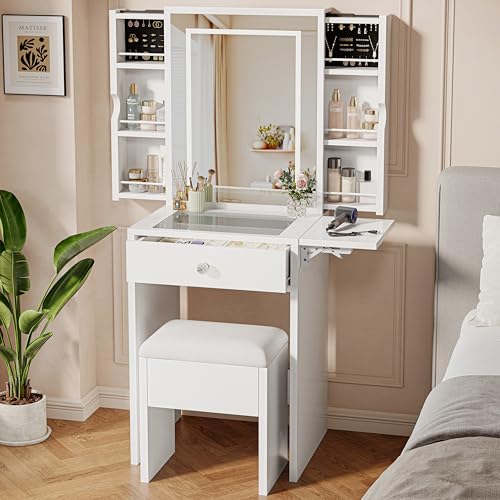 Einhomn Small Vanity Desk Set with Mirror and Lights Glass Top Vanity with Storage Compact Makeup Dressing Table with Stool and 2 Hidden Pull-Out Cabinets for Bedroom Saving Space White