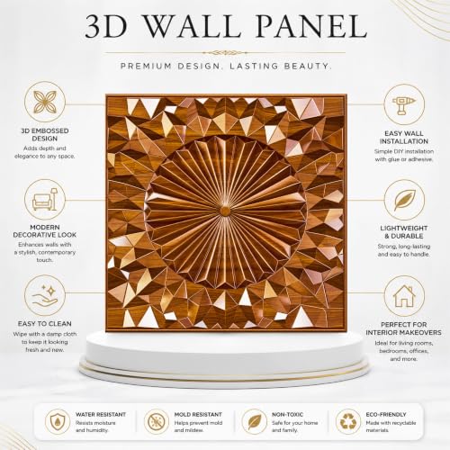 Image of Kayra Decor 3D PVC Wall Panels for Bedroom & Living Room | Mandala Design | Dark Wooden Color | 19.7 x 19.7 Inch | Pack of 12 | 32.28 Sq Ft