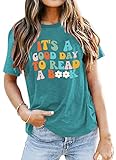 Book Lover Shirts Women It's a Good Day to Read a Book Funny Graphic Print Teacher Tee Tops Bookworm Reading T-Shirt Cyan