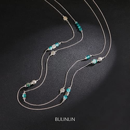 Bulinlin Layered Silver Long Necklace For Women Turquoise Stone Beaded Strand Sweater Chain Necklaces Fashion Costume Jewelry Gifts For Mom(Jade Green) #TOP1