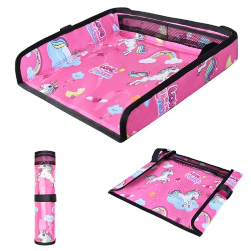 COOLBEBE Airplane Tray Table Cover Foldable Travel Tray Cover for Toddlers 1-3 Universal Fit for Airplane Car Seat High Chair Machine Washable Portable Pink Unicorn