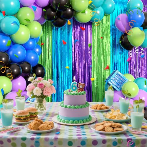 Image of Video Game Balloon Arch Garland Kit Birthday Party Decorations, Purple Blue Green Foil Fringe Curtains Backdrop Tinsel Streamer Photo Booth Props for Gaming Theme Party Decor Supplies Favors