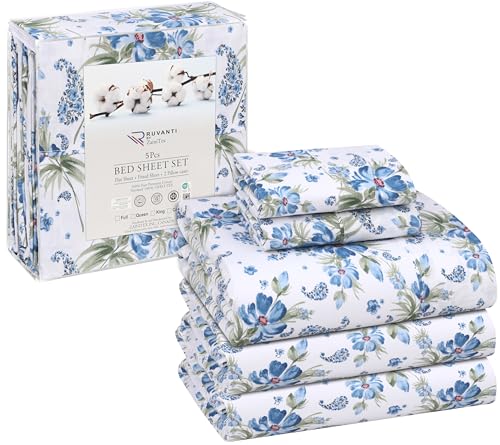 RUVANTI 100% Cotton Split King Sheets Sets for Adjustable Bed, 5 PCs, Soft & Breathable Percale Weave Bedding, Deep Pocket 16", Hotel Standard, Crisp Cool Feel & Durable, Floral Sheet, Paislyona