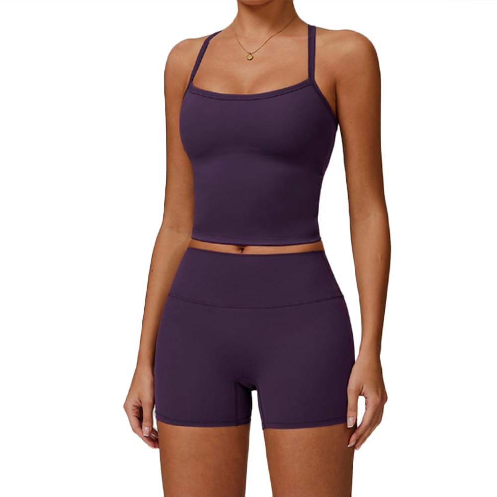 JPXJGT Workout Cross Strap Fitness Vest High Waist Tight Fit Yoga Shorts Yoga Set(Size:M,Color:Purple)