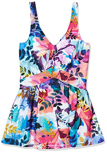 Maxine Of Hollywood Women's V-Neck Swim Dress One Piece Swimsuit, Multi//Garden Party, 8