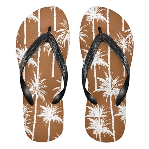 Sinestour White Palm Trees Brown Flip Flops for Beach Thong Sandals Anti-slip Lightweight Flat Slippers for Summer Travel Swim