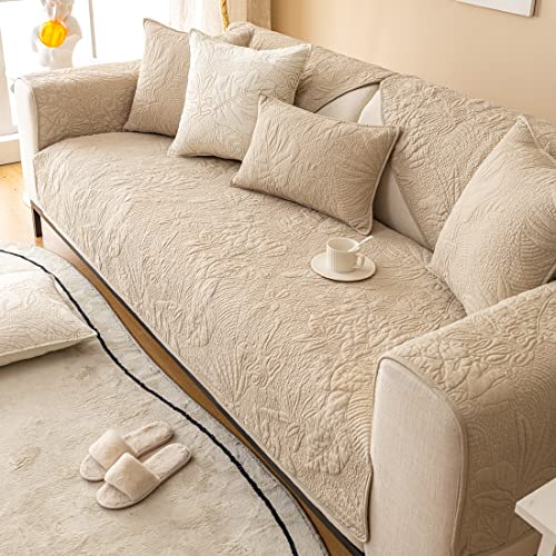 Vctops Leaves Embroidery Cotton Sofa Cover Non-Slip Quilted Sectional Couch Covers Tropical Plants Pattern Solid Color Sofa Slipcover For Dogs, Children, Pets Furniture Protector (Khaki,43"X94") #TOP3
