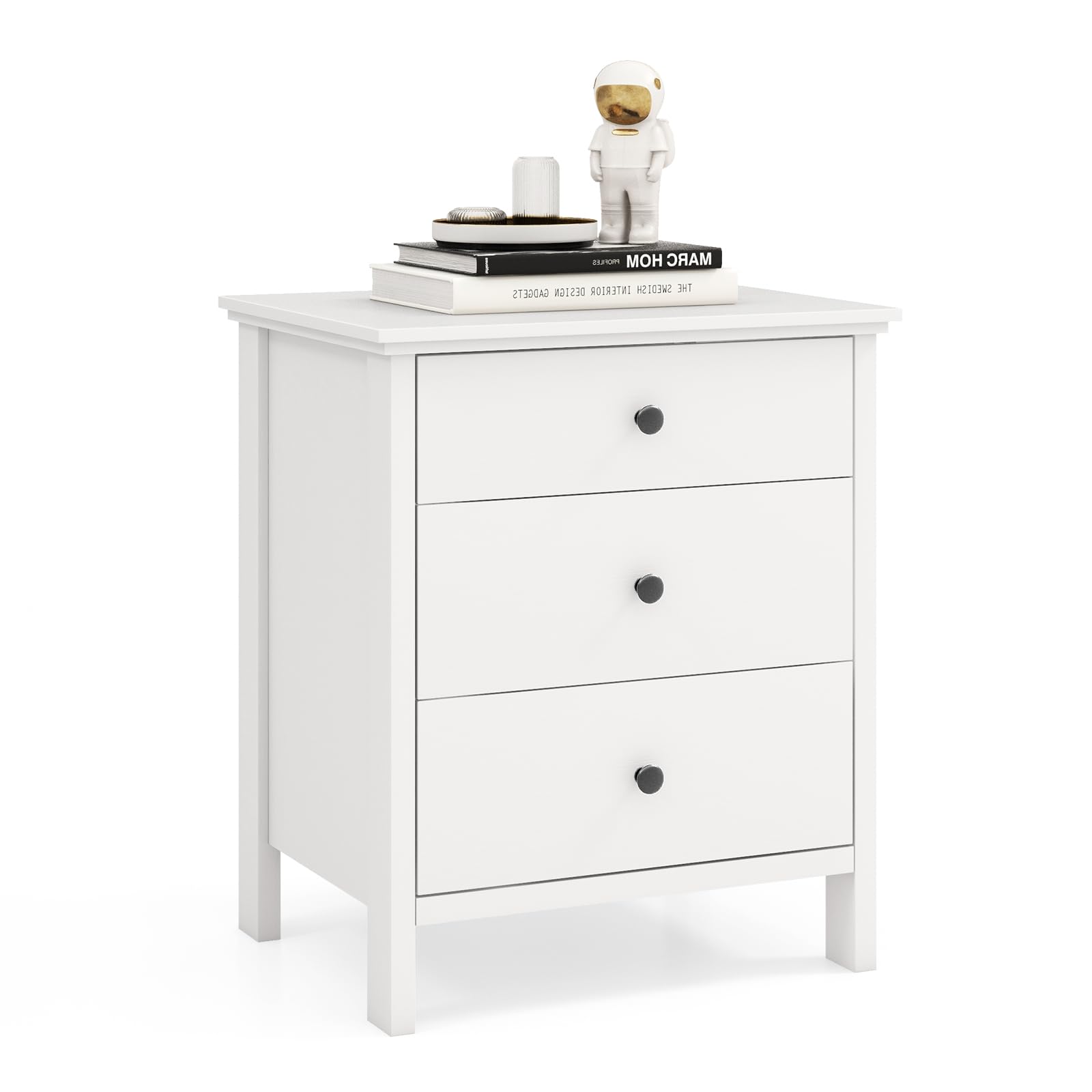 Giantex Nightstand with 3 Drawers, Wooden Side End Table with Solid Wood Legs, Retro 3-Drawer Bedside Table Night Stand for Bedroom Home Office Small Space, Easy Assembly, White