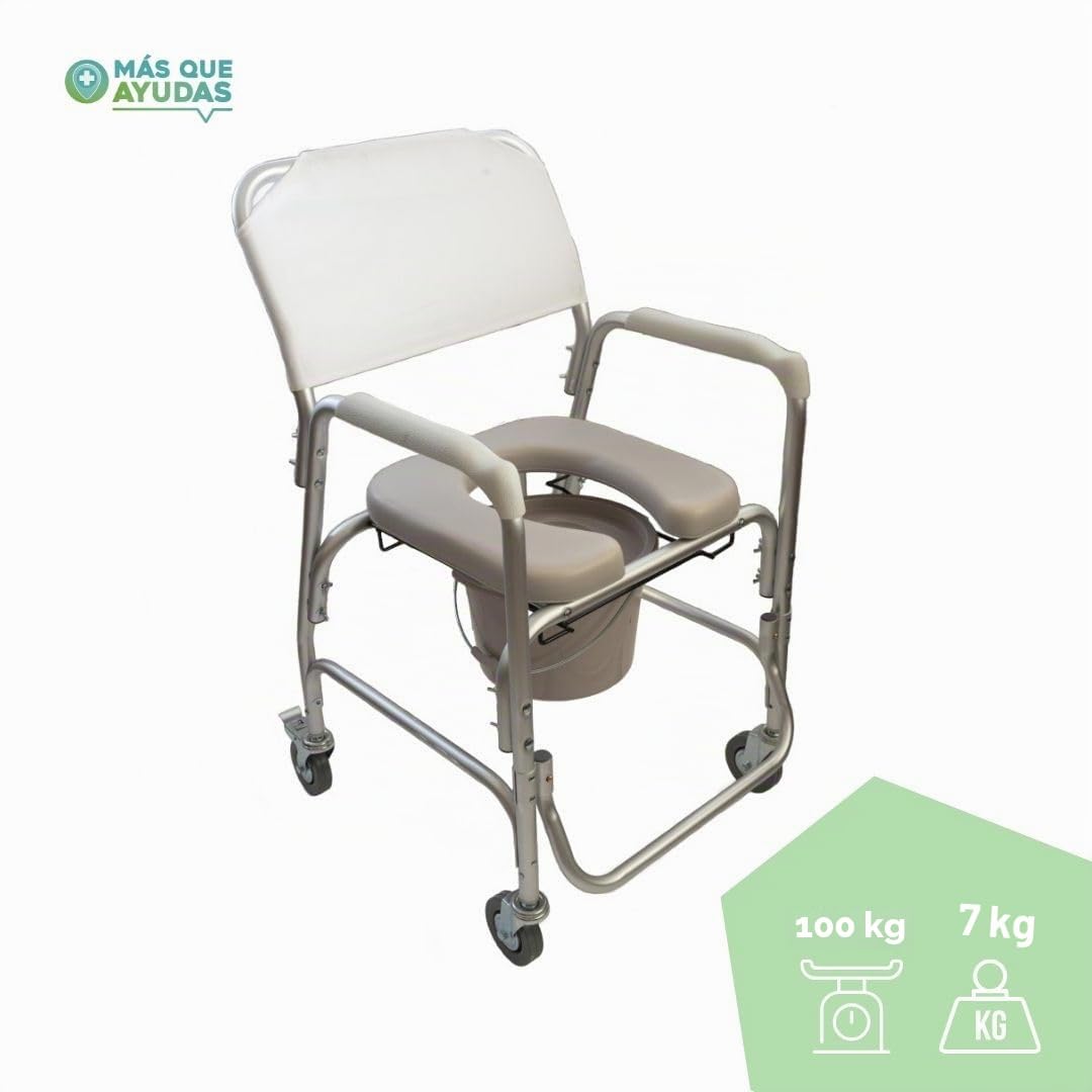 Silla de inodoro de aluminio con ruedas.Acolchada
