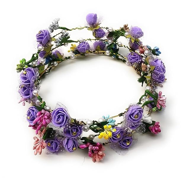 GIRLYZ ATTIRE Leaf Flower Crown Garland Headpiece Black Roses Floral Wreath Tiara With Prag Blackish Headbands for Bridal Birthday Pre Wedding Shoot College Farewell (PURPLE (PACK OF 2))-image-11