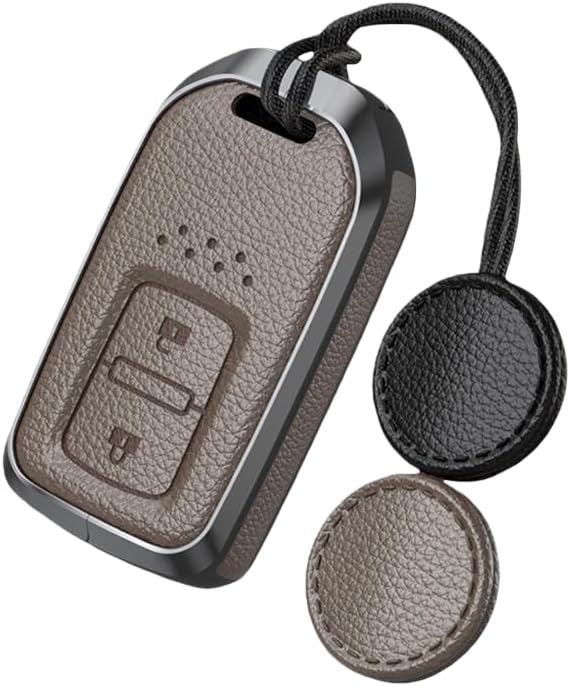 2 Buttons Smart Key Fob Cover Compatible with Honda Civic HR-V CR-V Fit 2015-up Metal & Leather Car Key Case Clip-on Key Shell, Brown