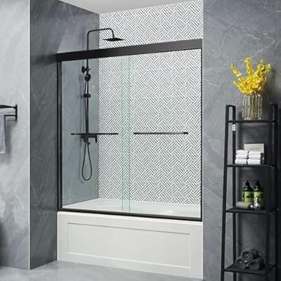 56''-60" W×57" H Black Bathtub Shower Door, 60 Inches Semi Frameless Shower Door for Bath tub, Reversible Adjustable Bathroom Sliding Glass Door with 1/4" (6mm) Clear SGCC Tempered Glass