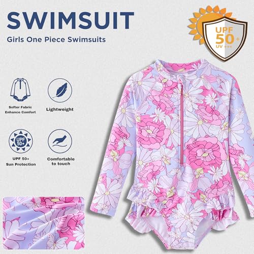 Image of UMELOK Girls Long Sleeve Swimsuit Toddler One Piece Bathing Suit 4-10Years | UPF 50+ Sun Protection,Rash Guard Swimwear,Ruffle,Zipper,Soft And Comfortable Fabric,Swimming Pool,Beach