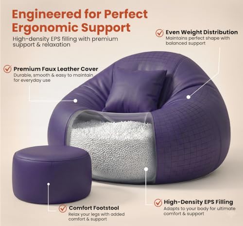 Image of Sattva Classic 4XL Bean Bag Chair with Beans Filled | Sofa Style Faux Leather Beanbags with Footstool & Cushion | Pre-Filled Bin Bags Sofa & Beam Bag for Adults | Home & Office, Purple