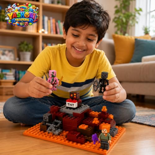 Image of Yashoni Building Blocks Toy Set for Kids | DIY STEM Construction Bricks with Mini Figures, Creative Models & Educational Play Set|Blocks Game (96, The Nether Fight)