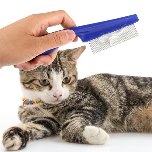 TIESOME Haustierhaarkamm Tränenfleckentfernung, 2 Pack Multifunktionskämme für Haustiere Grooming Kit 2 in 1 Hundekämme Edelstahlkamm Massagekamm Doppelseitiger Kamm(Blau)