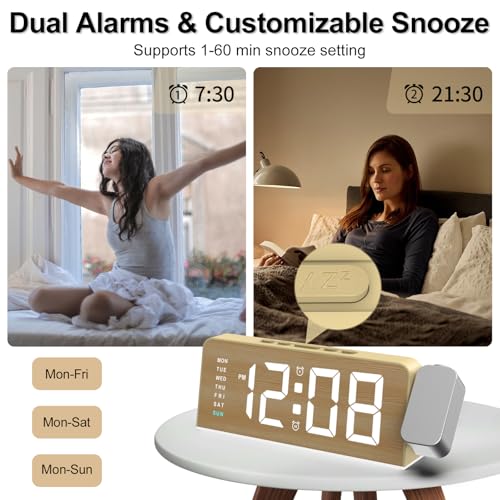 Projection Alarm Clock for Bedroom, Digital Night Light Clock with 180° Projector on Ceiling, 3 Level Brightness, USB Charger, Temperature, Dual Alarms for Kids, Heavy Sleepers, Snooze, 12/24H (Wood) - Image 5