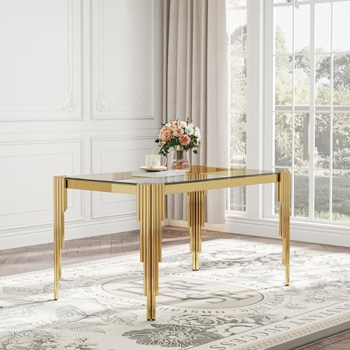 Modern Rectangle Glass Dining Table for 4-6 People, 53" Clear Tempered Glass Desktop with Gold Mirrored Stainless Steel Legs for Apartments, Dinner, Home Office