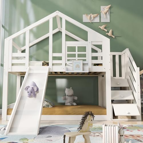 Yihomfy Lit Enfant, lit superposé, lit Triple, 90 x 200 cm, avec Toboggan et échelle, Toit au Design Unique, lit supérieur avec Espace de Rangement, pin et...