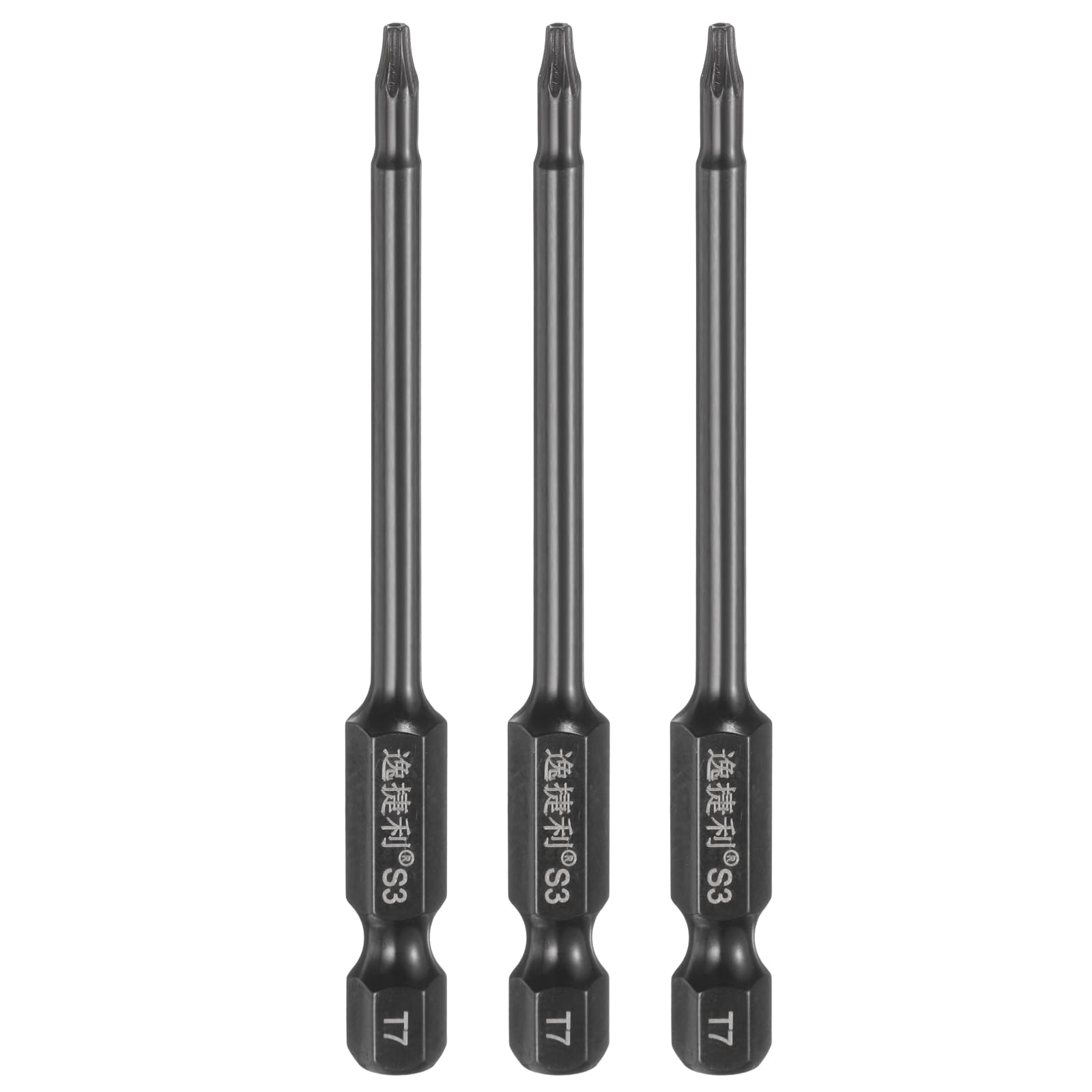 sourcing map 3pcs T7 Torx Screwdriver Bit 1/4" Hex Shank 75mm/3" Length S3 Steel Magnetic Tamper Proof Star 6 Point Head Hex Screw Driver Bits, Black