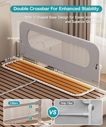 Hiravion Bed Rail for Toddlers– 59 Inch Foldable Baby Bed Rail, Height Adjustable & Safety Toddler Bed Rails for Queen, King, Twin, Full, No-Tool Install (Grey, 59-Inch) — view 2