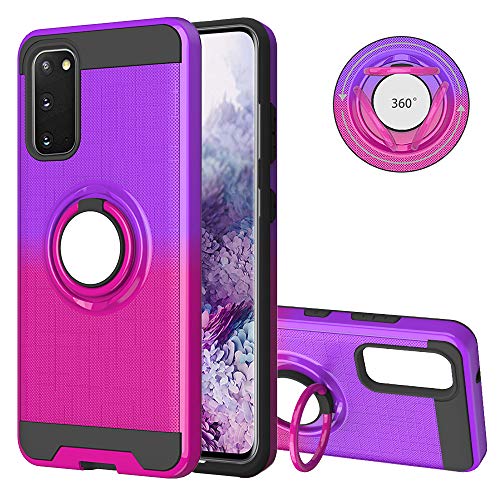 FAWUMAN Case for Samsung Galaxy S20,Gradient Phone Protective Case with Phone Ring,Hard PC+ Soft TPU 2in1 Hybrid Double-layer Anti-slip 3D Fishnet Phone Cover (Purple-Rose red)