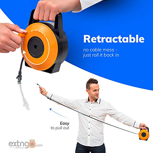 Extngo Retractable Network Cable Extender, 50 Ft (15 Meter) Cat 6 Ethernet Cable Flat-Portable 1Gbps Data Speed-Swiftly Setup Temp Networks-Cascadable Male-Female Rj45 Connector-Utp Cable Reel #TOP1