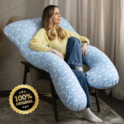 Cojín cómodo original – Almohada ortopédica premium | almohada corporal | almohada para dormir de lado – para un mejor sueño y contra las quejas de espalda, 100 x 150 cm (nubes – algodón)