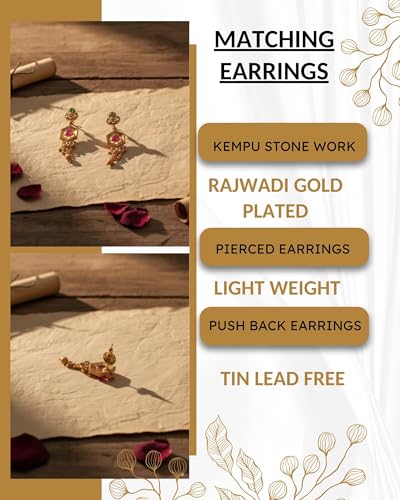 Image of Mansiyaorange South Indian Temple Style Choker with Floral Necklace & Earrings | Traditional Gold Plated Kempu Kundan Stone Jewelry Set for Women
