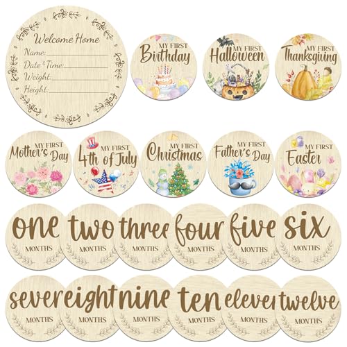 Image of Threetols 11PCS Wooden Baby Monthly Milestone Cards Sign, Double Sided Newborn Photography Prop Pregnancy Journey Baby Growth Monthly Milestone Wood Discs Baby Shower Gifts