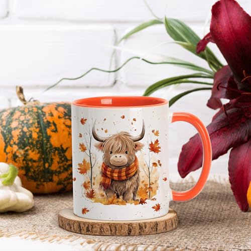 Hyturtle Fall Highland Cow Maple Leaves Coffee Mug - Birthday Gifts For Cow Lovers - Fall Autumn Decor Gifts For Farmhouse Thanksgiving - Highland Cows Gift - 11oz White Ceramic Coffee Tea Mug - Image 3