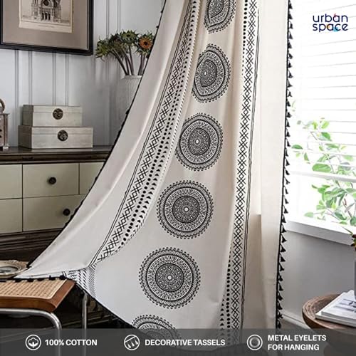 Image of Urban Space Boho Decorative Curtains for Window, 100% Cotton Curtain 5 Feet Long, Set of 1 Curtains with Tassels, 60-65% Room Darkening Curtain with Tieback and Eyelets (Trellis Black, 5 Feet)