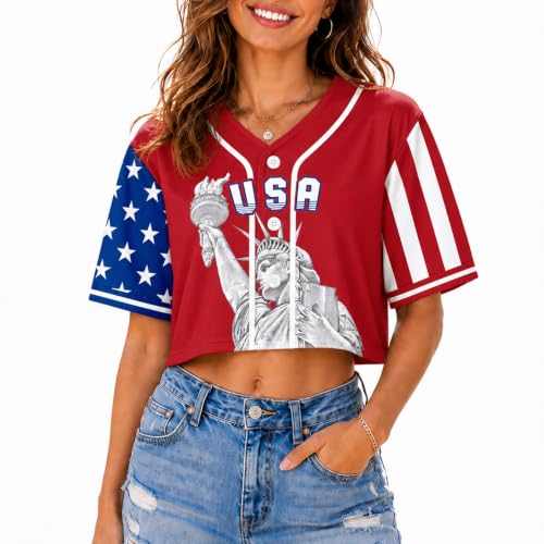 pod4soccer 250 Anniversary USA Shirt Cropped Baseball Jersey Button Down Shirts for Women the Statue of Liberty Print Red Short Sleeve Top 4th of July XS-2XL