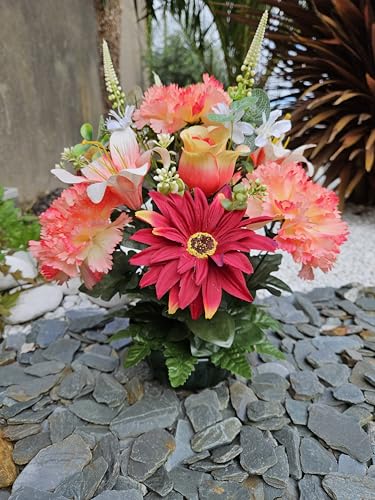 Roselynexpress - Composition de fleurs artificielles lestée ciment, pot en forme de charlotte, qualité supérieure, extérieur, vert, 27cm (H) x 41cm (Diam),...