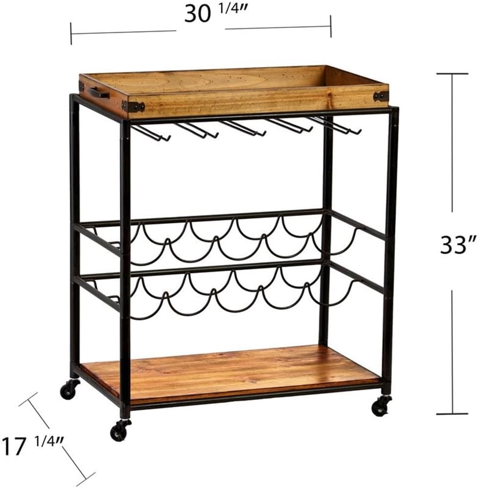 BOWERY HILL Modern Bar Cart, 32.5 in H x 28 in W, Engineered Wood and Metal, Black and Natural Finish, Wine and Glass Rack, Removable Tray, Rustic Style for Dining Room or Living Room