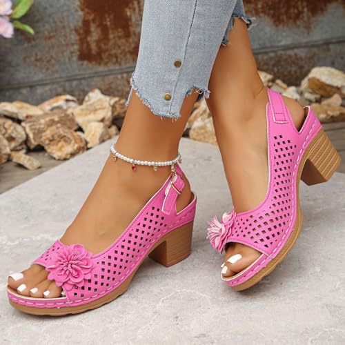 Women's Sandals Summer Open Toe Ankle Buckle Sandal Chunky Heels Sandals for Women Slingback Casual Solid Color Hollow Out Platform High Block Heel Floral Wedge Sandal Dressy Shoes3