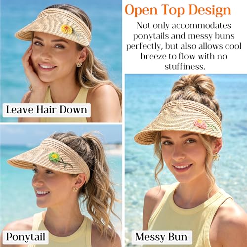 Visera de paja para mujer con protección UV y diseño floral miniatura 5