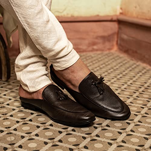 Image of FAUSTO Men's Back Open Tassle Leather Slip On Shoes for Outdoor|Evening|Festive|Occasions|Comfort|Lightweight with TPR Sole (6-13 UK)