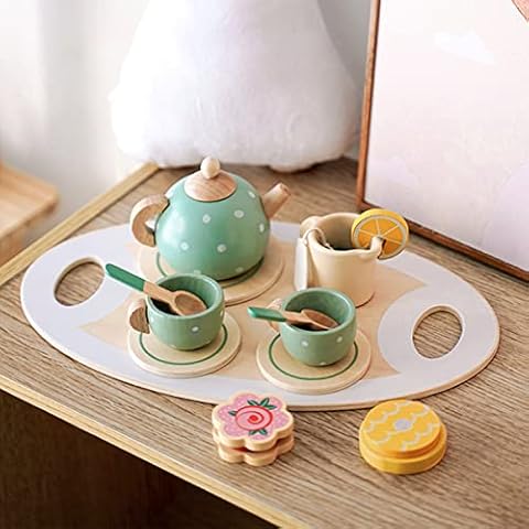 RICUSHN 14Pcs Toy Tea Set Afternoon Tea Set Toy Wooden Pretend Play Tea Party Set Learning Role Play Funny Dessert Food Kid Playset Interactive Simulation Teacup Toy for Toddler Girls Boys .(14pcs) Cover