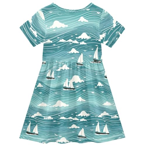 Blue Wave Sailboats Girls Dresses Short Sleeve Twirly Sundress2