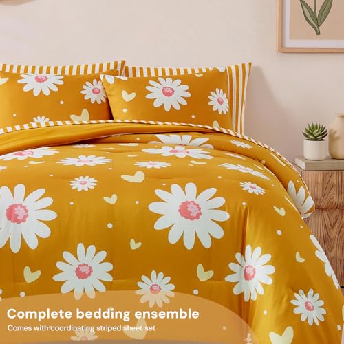 Image of Queen Comforter Set with Sheets for Girls-7 Pieces Soft Queen Bedding Sets | Bed in A Bag Cute Yellow Daisy Printed Comforter with Pillowcases & Shams, 90 inch X 90 inch